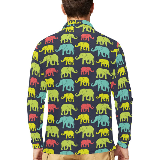 Elephant Neon Color Print Pattern Long Sleeve Polo Shirt For Men's