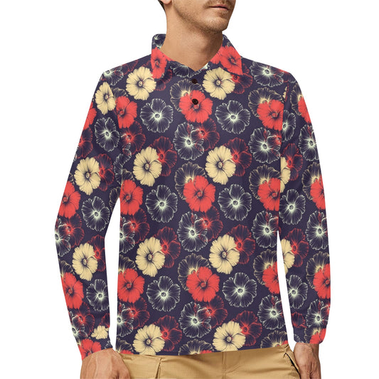 Tropical Flower Print Design LKS302 Long Sleeve Polo Shirt For Men's