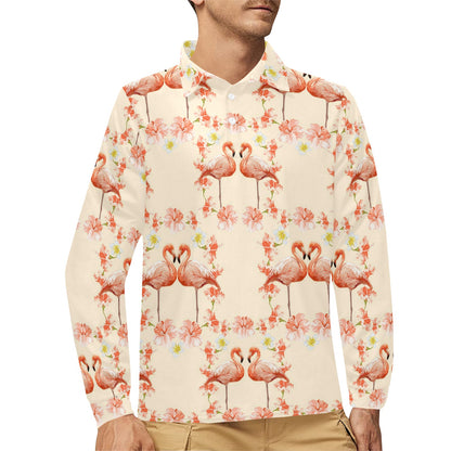 Flamingo Hibiscus Print Pattern Long Sleeve Polo Shirt For Men's