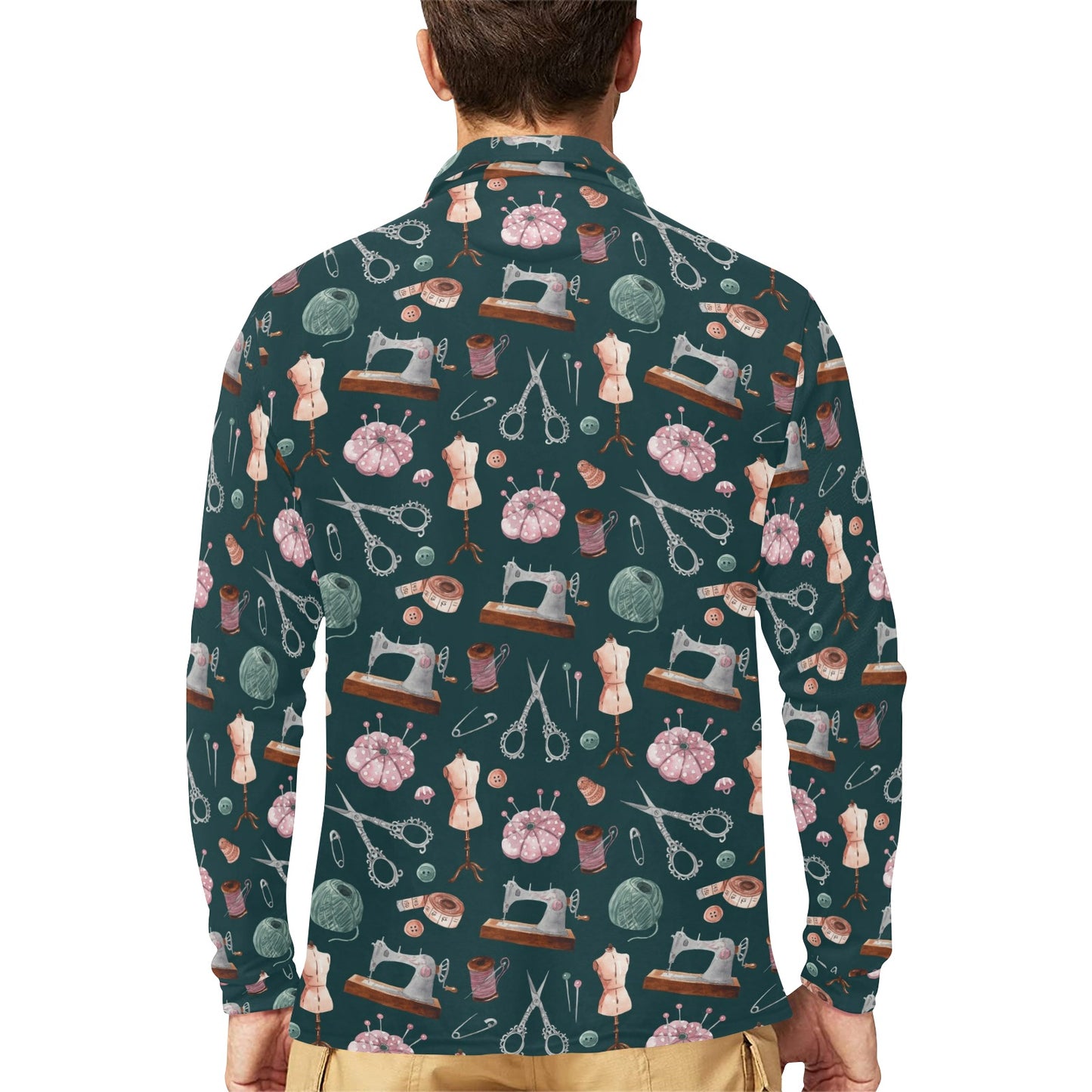 Sewing Equipment Print Design LKS307 Long Sleeve Polo Shirt For Men's