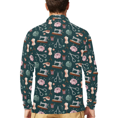 Sewing Equipment Print Design LKS307 Long Sleeve Polo Shirt For Men's