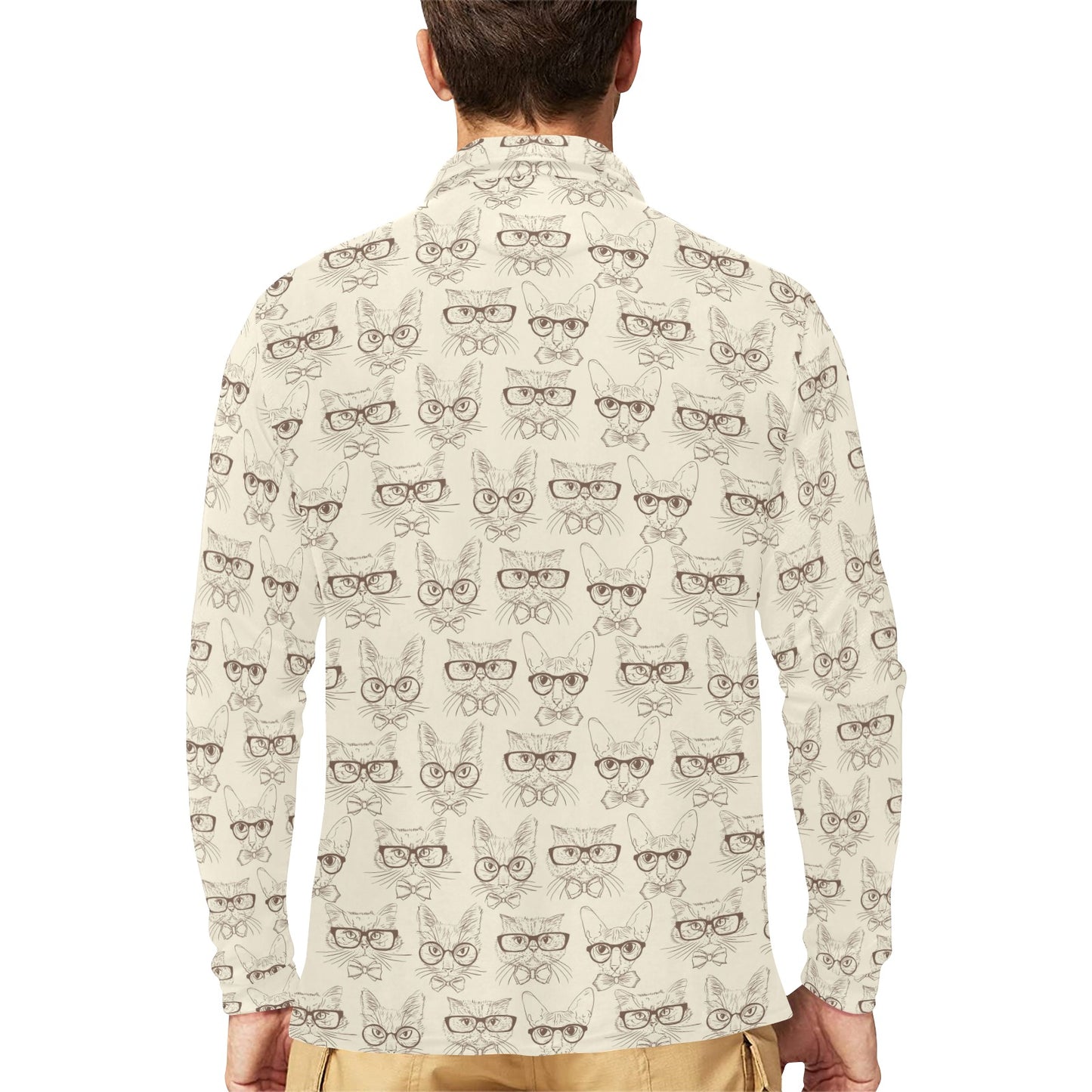 Cat Pattern Print Design 02 Long Sleeve Polo Shirt For Men's