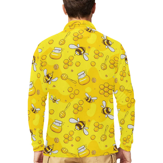 Bee Pattern Print Design BEE01 Long Sleeve Polo Shirt For Men's