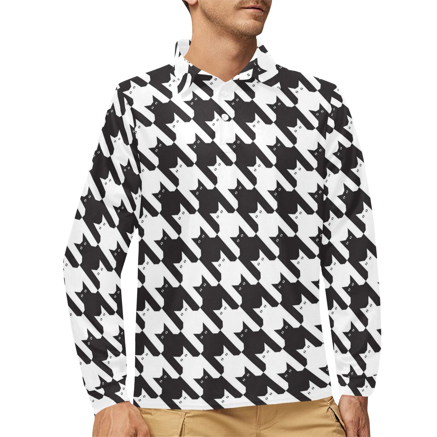 Cat HoundstoothPattern Print Design 01 Long Sleeve Polo Shirt For Men's