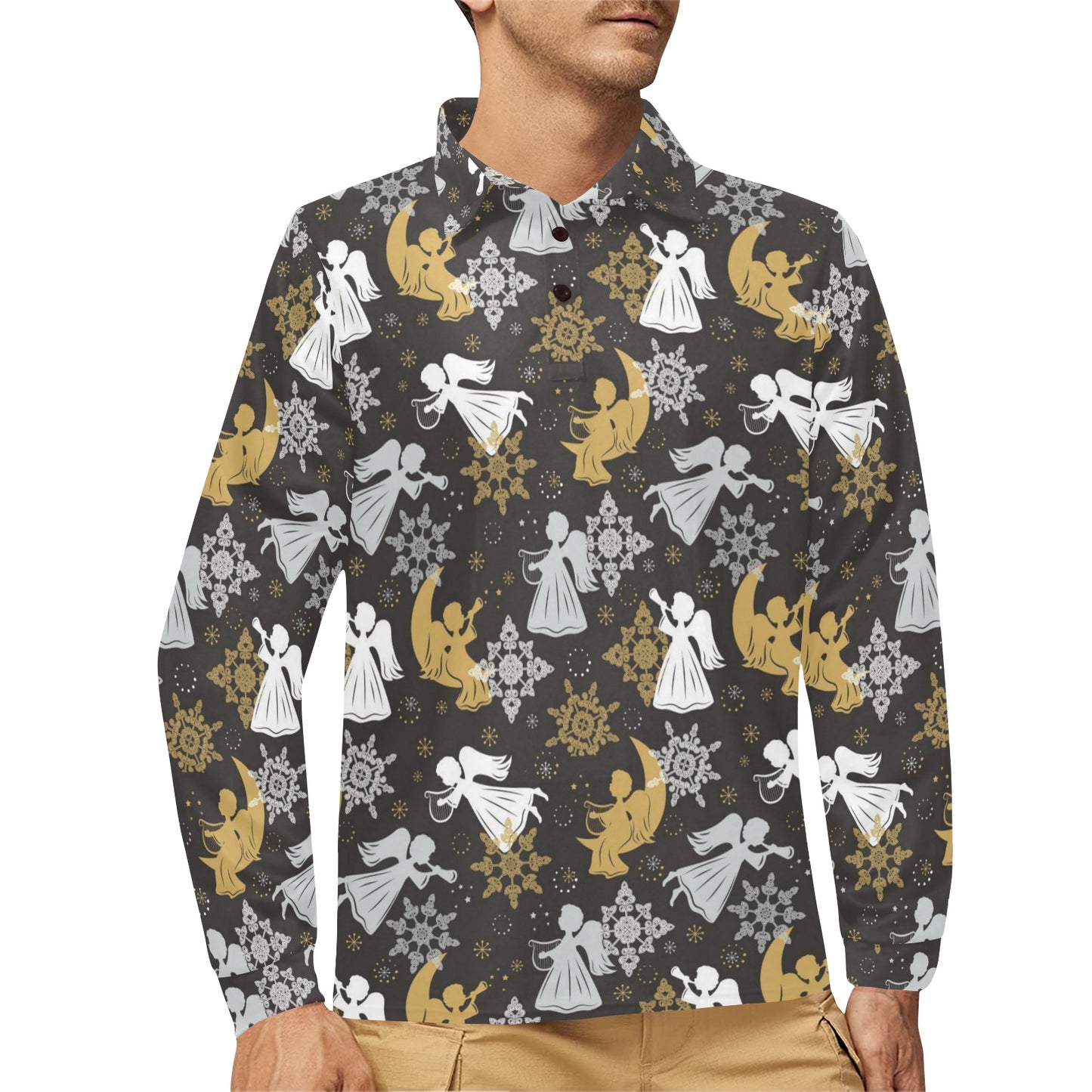 Angel Pattern Print Design 04 Long Sleeve Polo Shirt For Men's