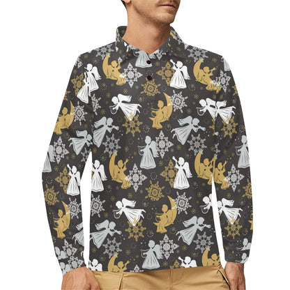 Angel Pattern Print Design 04 Long Sleeve Polo Shirt For Men's