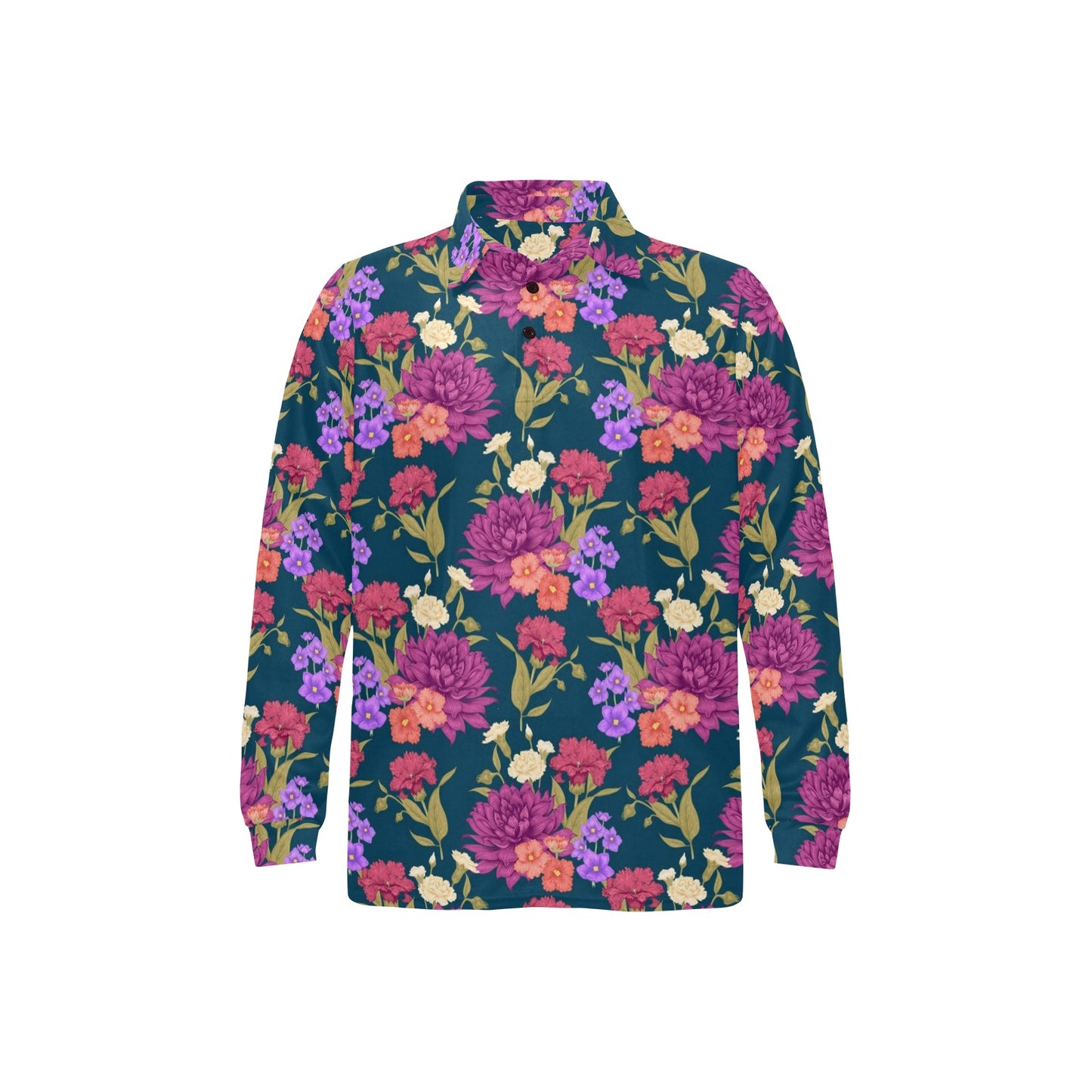 Dahlia Pattern Print Design DH01 Long Sleeve Polo Shirt For Men's