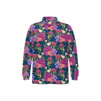 Dahlia Pattern Print Design DH01 Long Sleeve Polo Shirt For Men's