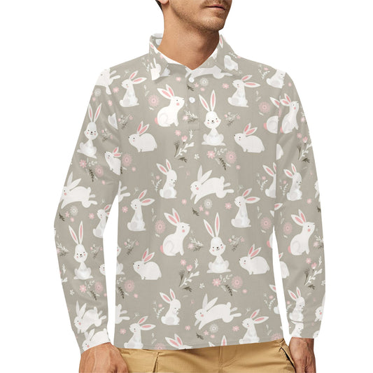Rabbit Pattern Print Design RB03 Long Sleeve Polo Shirt For Men's