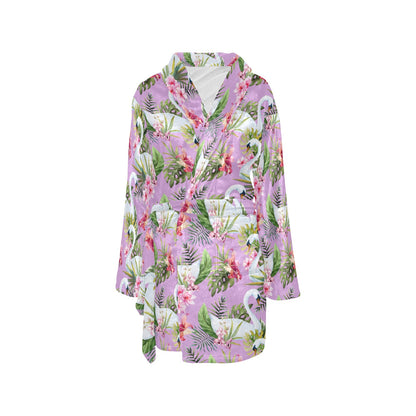 Swan with Flower Pattern Print Design 01 Women's Fleece Robe