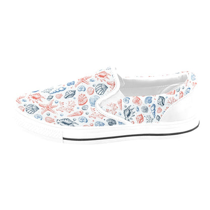 Seashell Print Design LKS307 White Slip Ons Canvas Women's Shoes