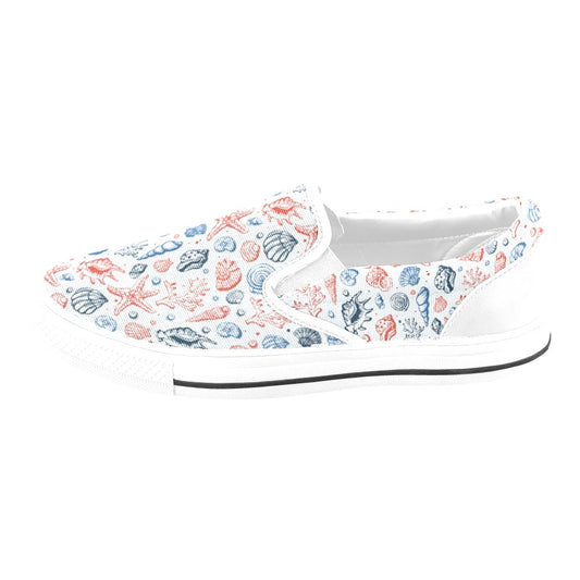 Seashell Print Design LKS307 White Slip Ons Canvas Women's Shoes