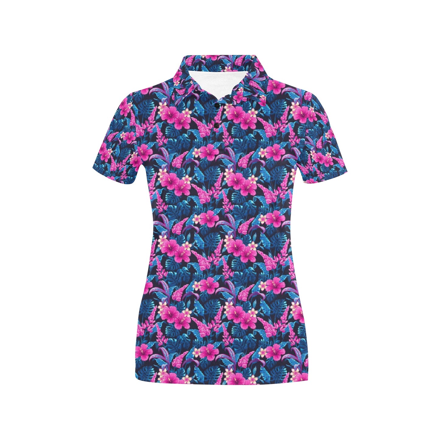 Tropical Folower Pink Themed Print Women's Polo Shirt