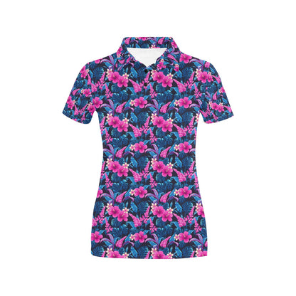 Tropical Folower Pink Themed Print Women's Polo Shirt