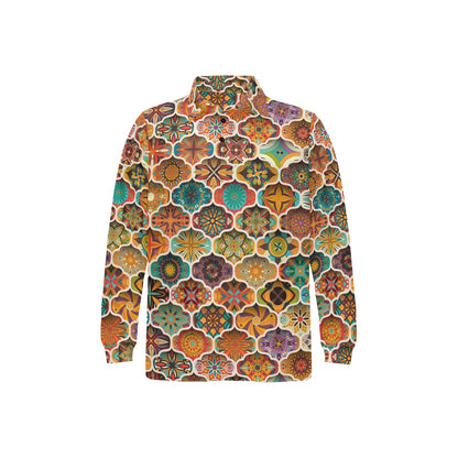 Mandala Mosaic Themed Design Print Long Sleeve Polo Shirt For Men's
