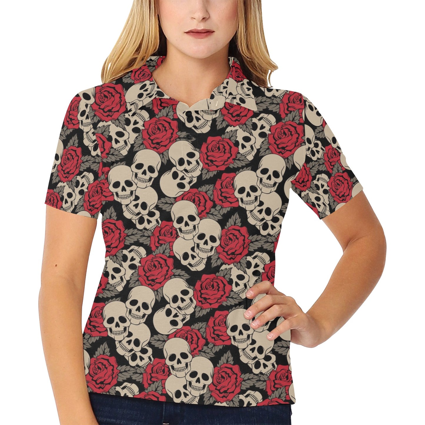 Skull And Roses Print Design LKS301 Women's Polo Shirt