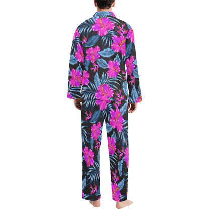 Neon Pink Hibiscus Pattern Print Design HB015 Men's Long Pajama Set