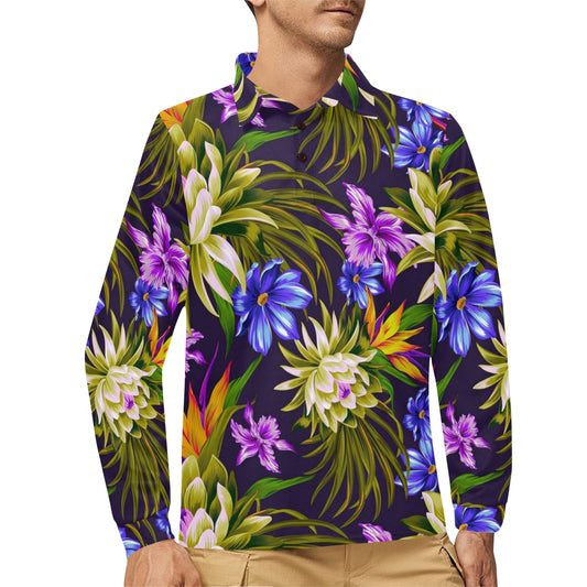 Water Lily Pattern Print Design WL08 Long Sleeve Polo Shirt For Men's