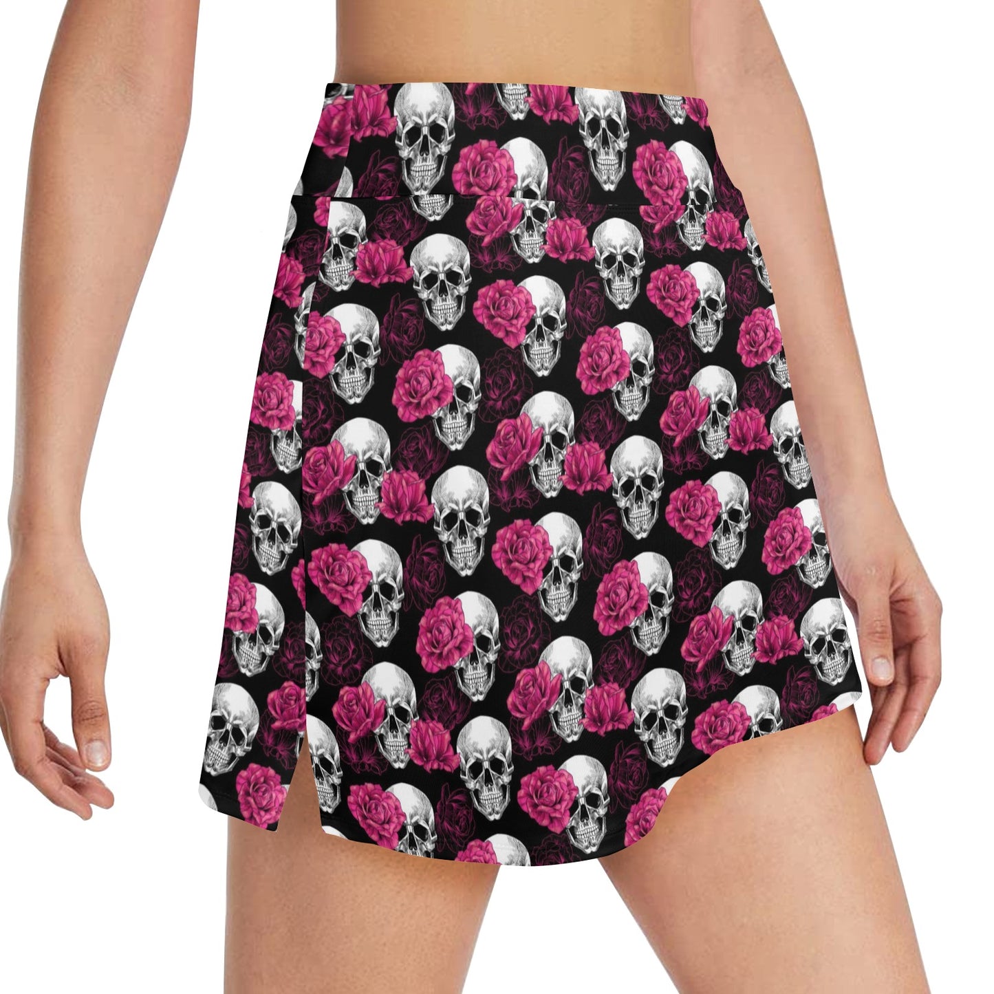 Pink Rose Skull Themed Print 17" Golf & Pickleball Skort with Pockets