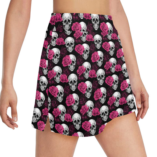 Pink Rose Skull Themed Print 17" Golf & Pickleball Skort with Pockets