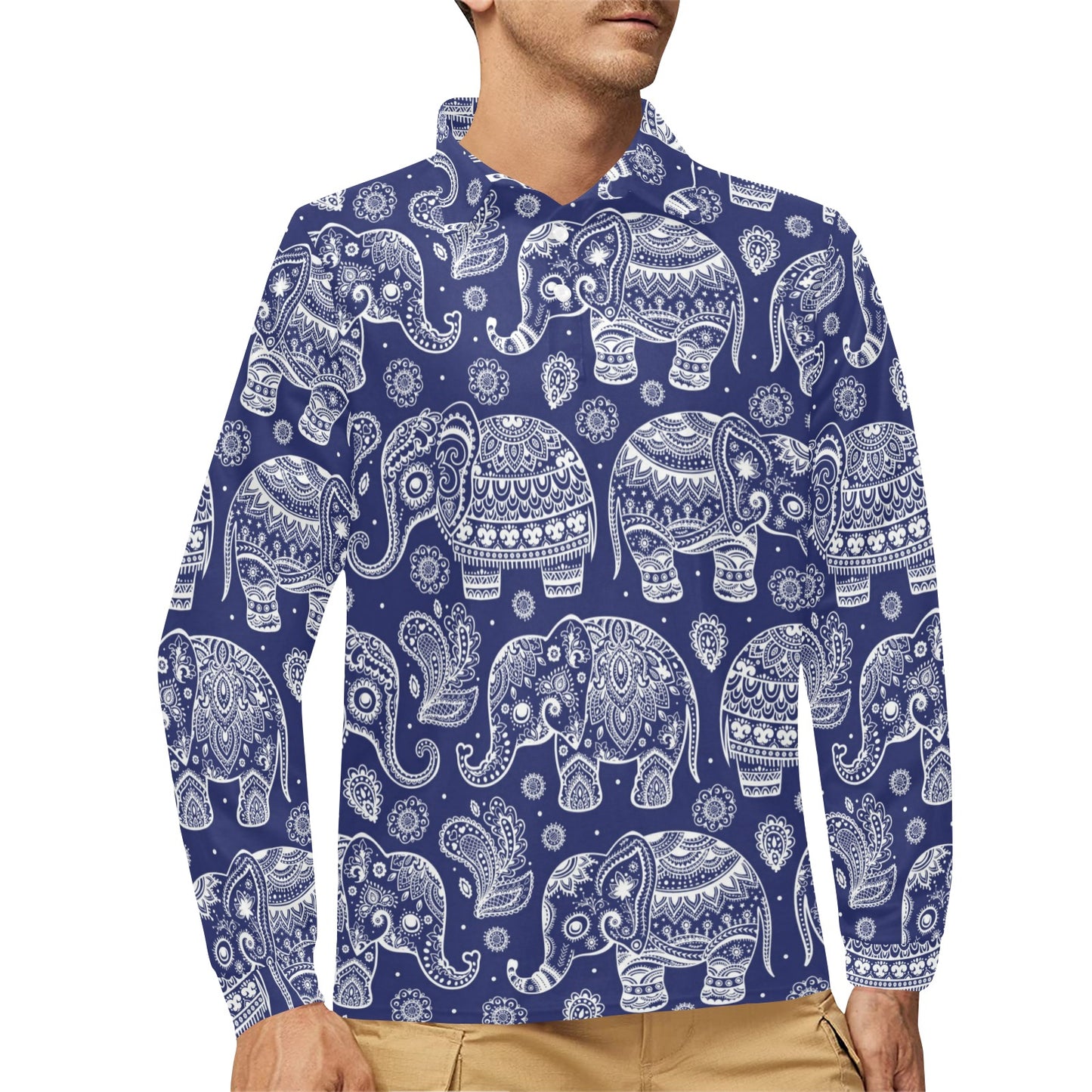 White Elephant Mandala Long Sleeve Polo Shirt For Men's