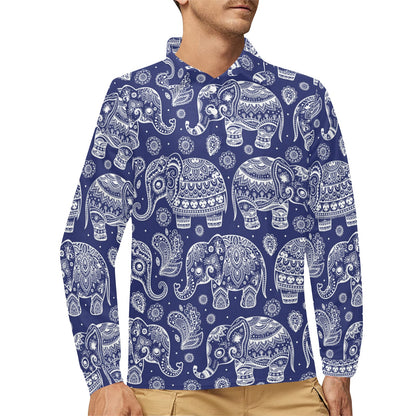 White Elephant Mandala Long Sleeve Polo Shirt For Men's