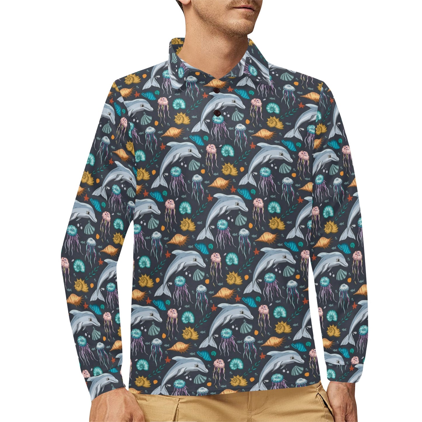 Underwater Dolphin Print Design LKS304 Long Sleeve Polo Shirt For Men's