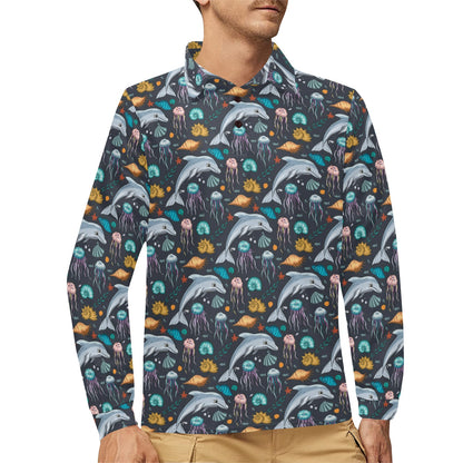Underwater Dolphin Print Design LKS304 Long Sleeve Polo Shirt For Men's