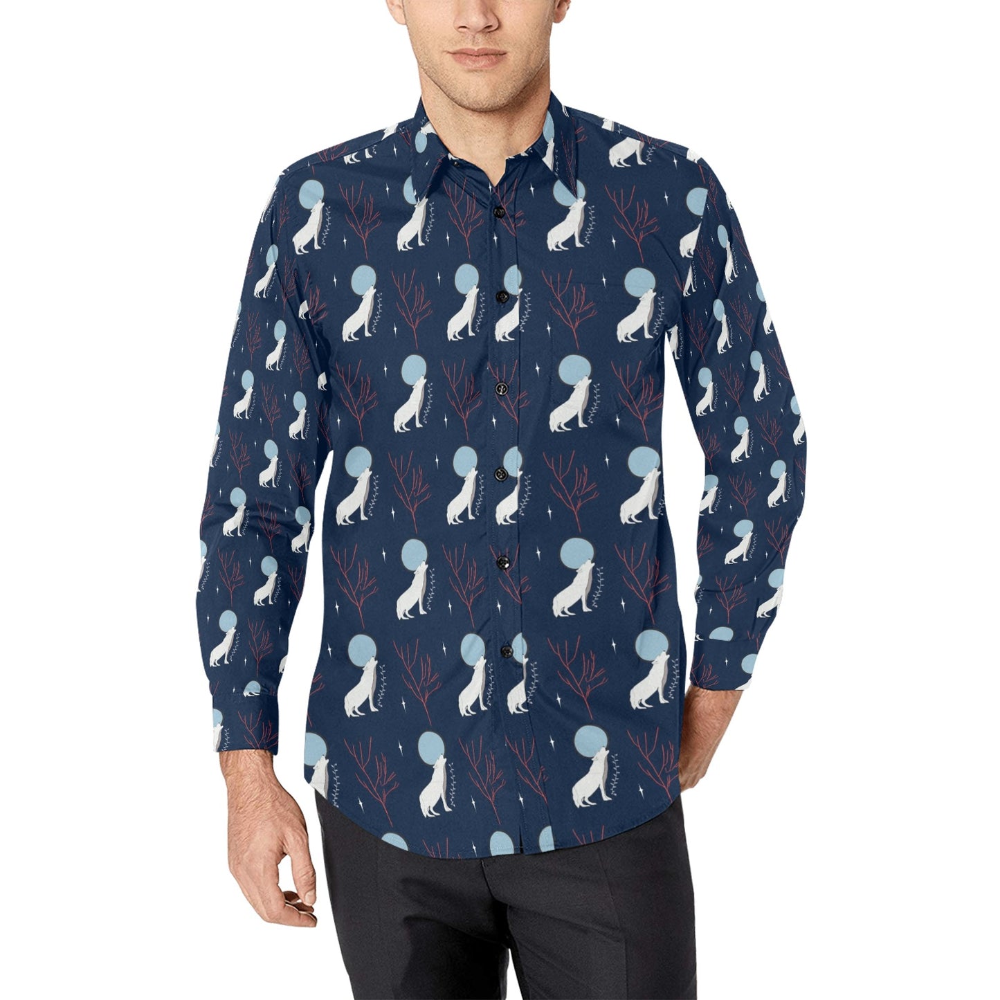 Wolf Moon Print Design LKS304 Men's Long Sleeve Dress Shirt