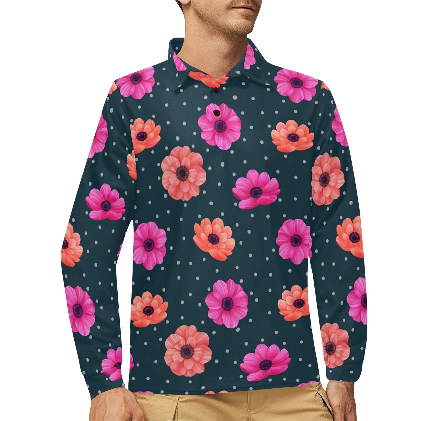 Anemone Pattern Print Design AM08 Long Sleeve Polo Shirt For Men's