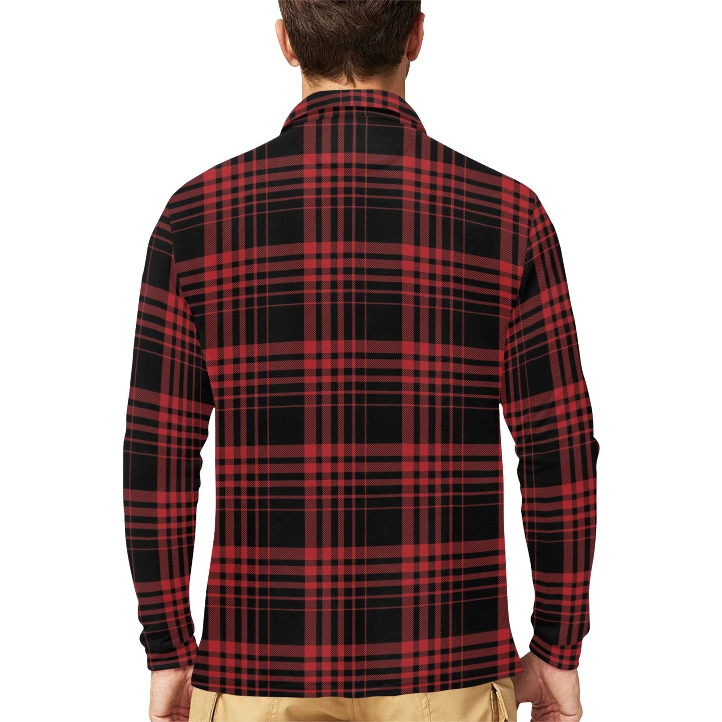 Tartan Red Black Print Design LKS303 Long Sleeve Polo Shirt For Men's