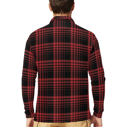 Tartan Red Black Print Design LKS303 Long Sleeve Polo Shirt For Men's