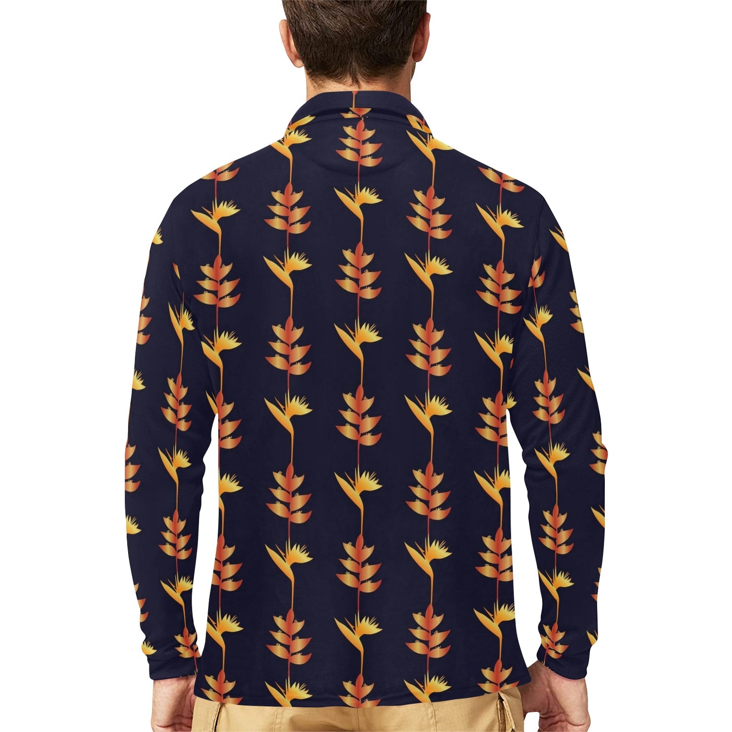 Heliconia Pattern Print Design HL06 Long Sleeve Polo Shirt For Men's