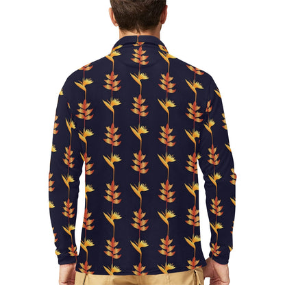 Heliconia Pattern Print Design HL06 Long Sleeve Polo Shirt For Men's