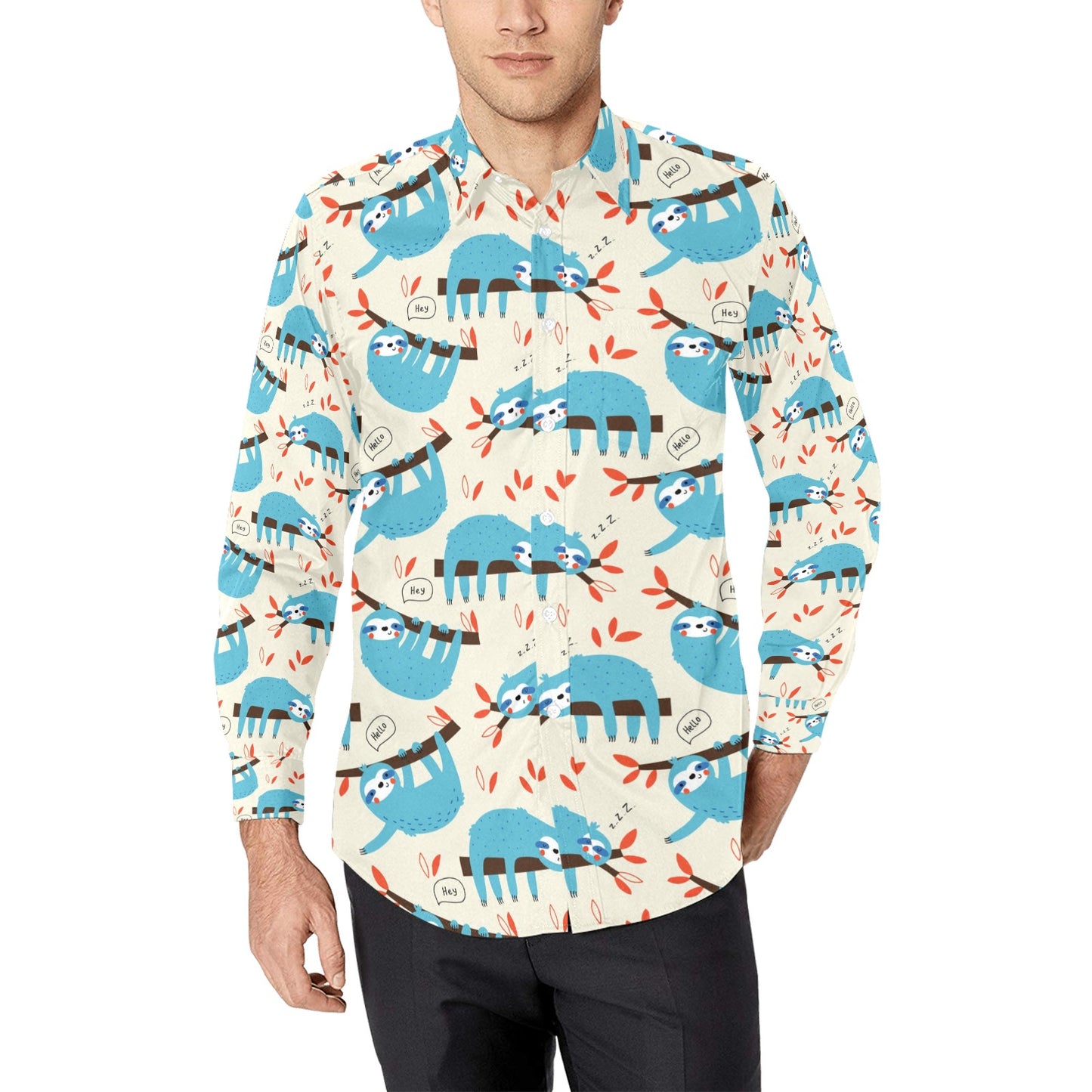 Sloth Print Design LKS3011 Men's Long Sleeve Dress Shirt