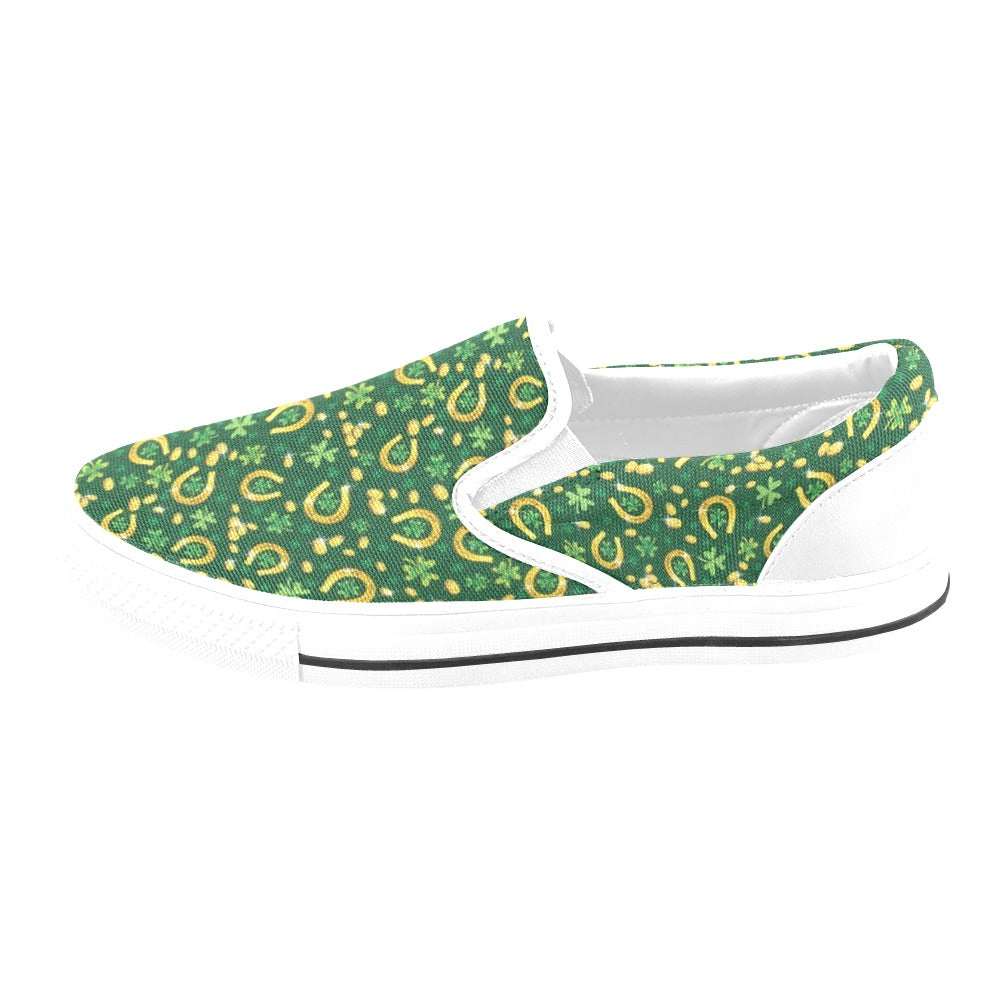 Shamrock Horse Shoes Saint Patrick's Day Print Design LKS307 White Slip Ons Canvas Women's Shoes