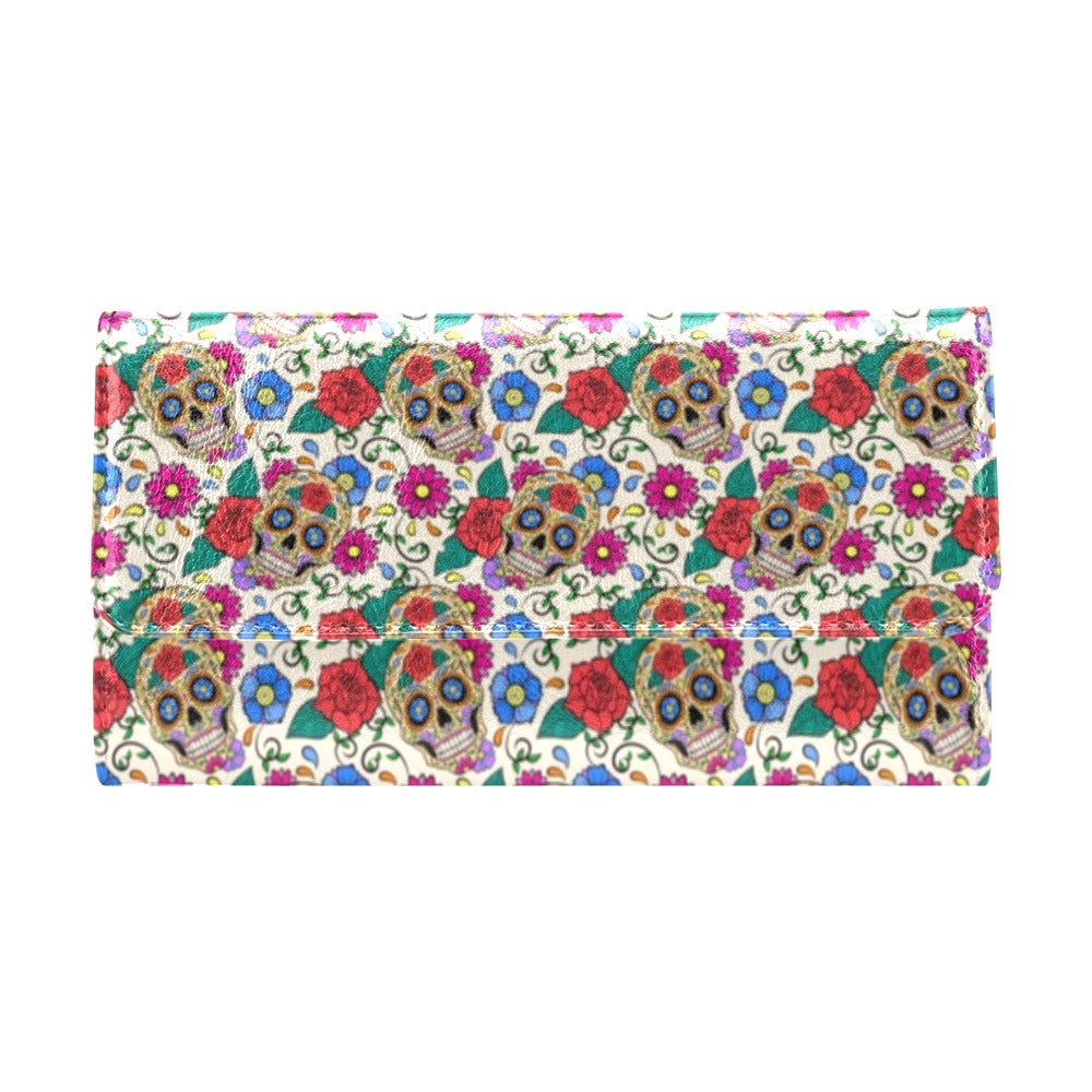 Sugar Skull Colorful Themed Print Women's Trifold Wallet