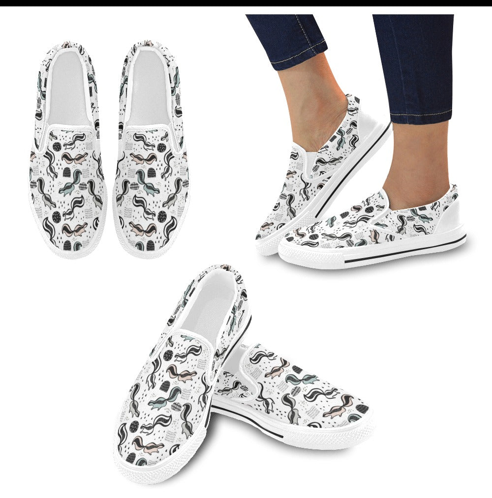 Skunk Print Design LKS303 White Slip Ons Canvas Women's Shoes