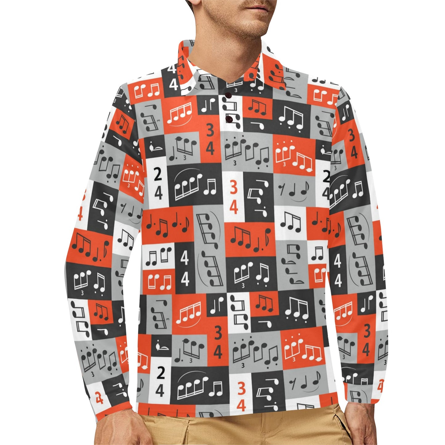 Music Note Design Themed Print Long Sleeve Polo Shirt For Men's
