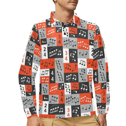 Music Note Design Themed Print Long Sleeve Polo Shirt For Men's
