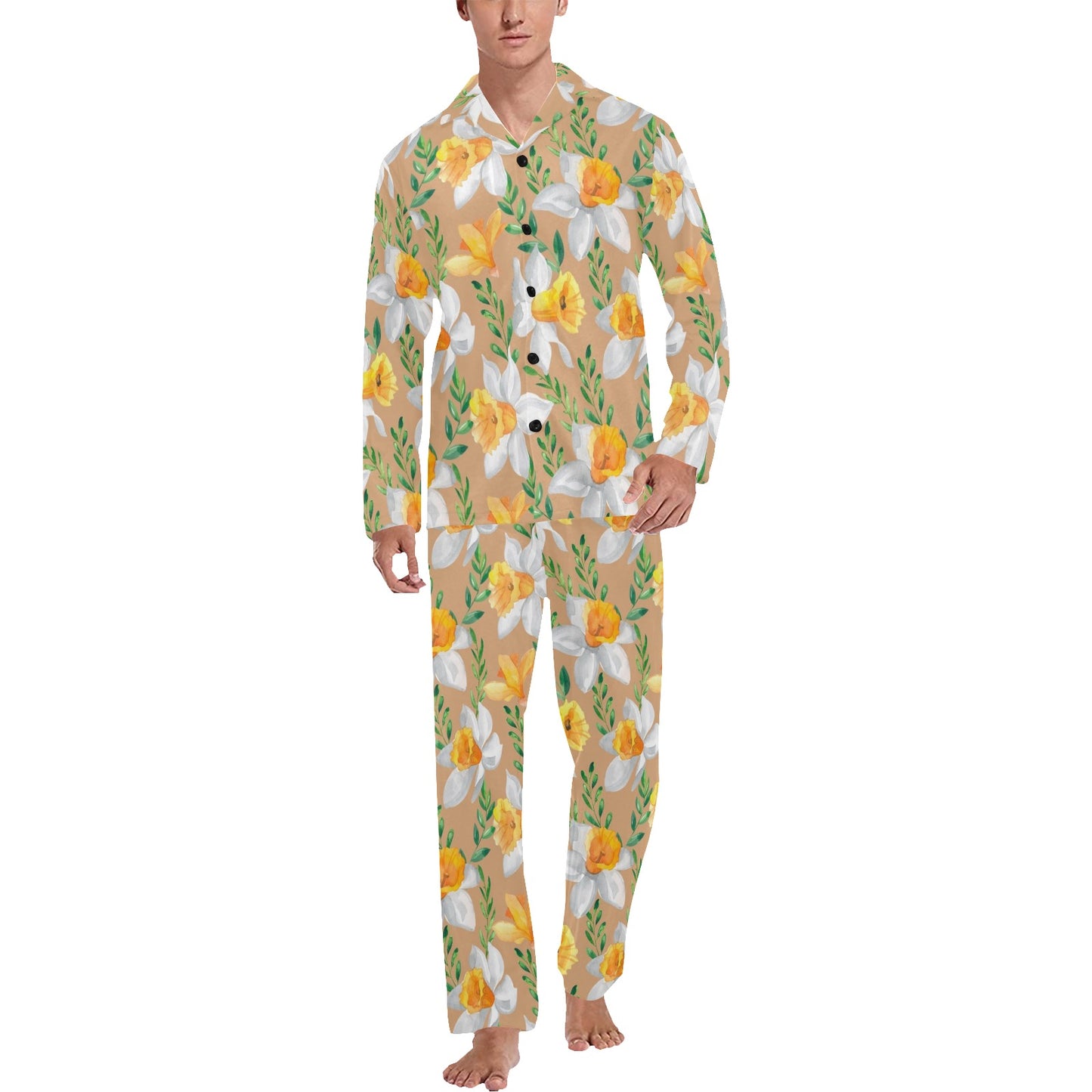 Daffodils Pattern Print Design DF04 Men's Long Pajama Set