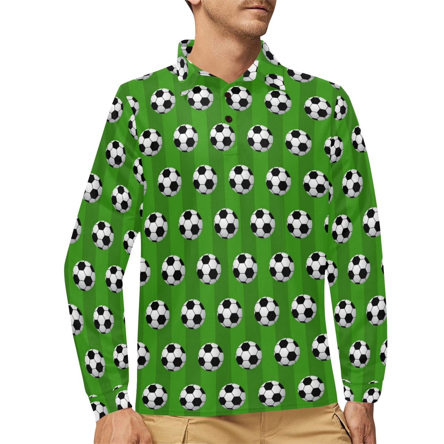 Soccer Ball Green Backgrpund Print Long Sleeve Polo Shirt For Men's