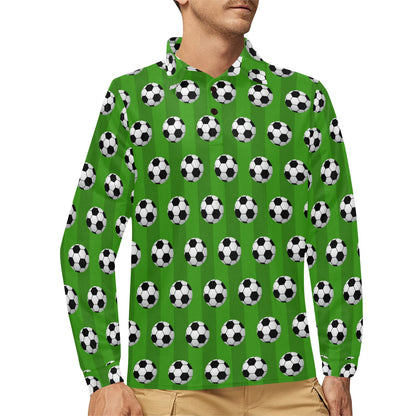Soccer Ball Green Backgrpund Print Long Sleeve Polo Shirt For Men's