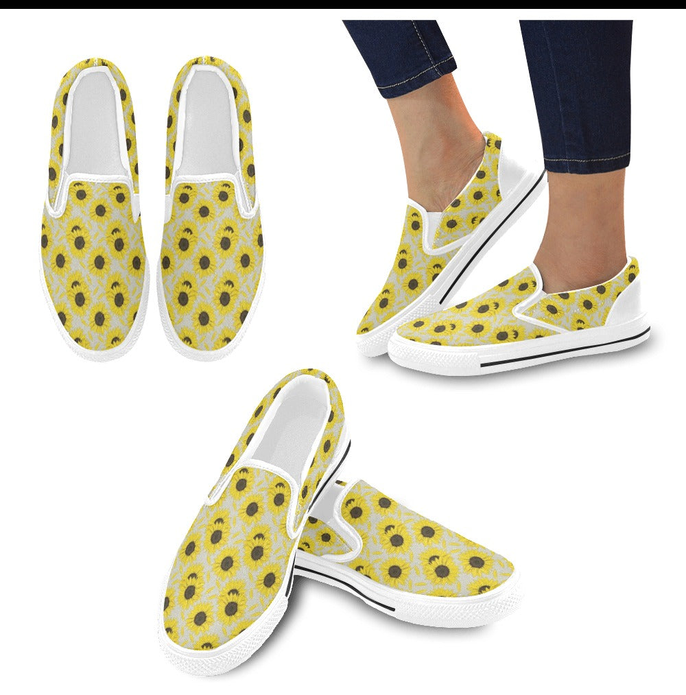 Sunflower Print Design LKS309 White Slip Ons Canvas Women's Shoes