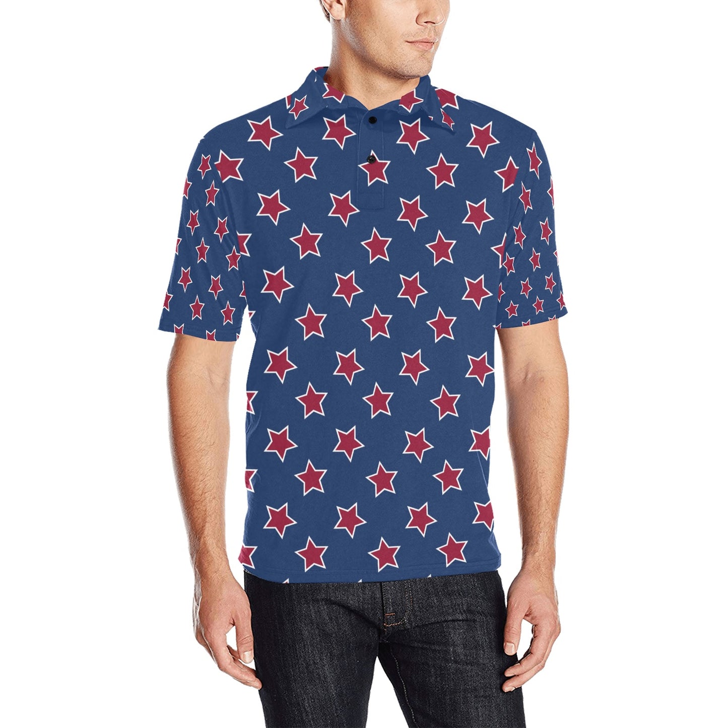 Star Red Blue Print Design LKS301 Men Polo Shirt