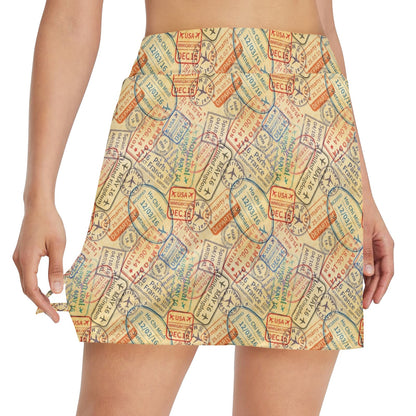 Travel Stamp Print Design LKS302 17" Golf & Pickleball Skort with Pockets