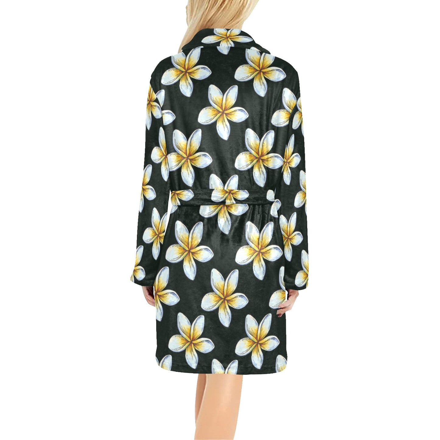 White Plumeria Pattern Print Design PM022 Women's Fleece Robe