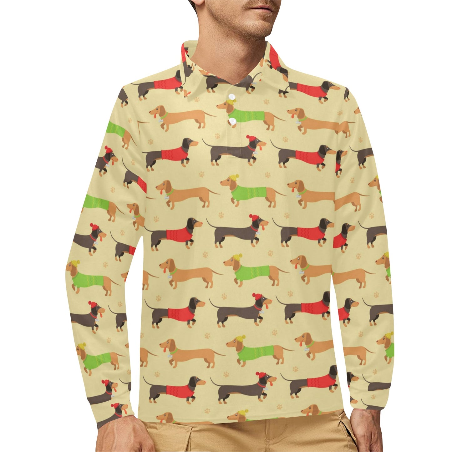 Dachshund Pattern Print Design 06 Long Sleeve Polo Shirt For Men's