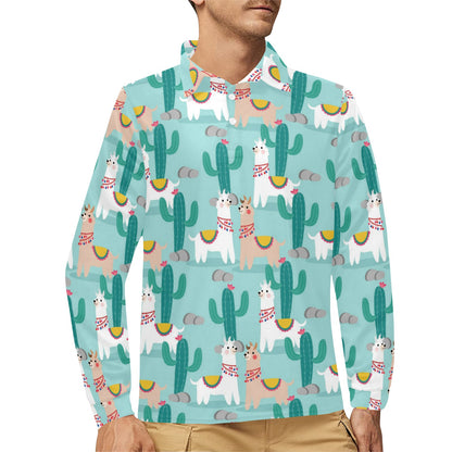 Llama Cactus Pattern Print Design 08 Long Sleeve Polo Shirt For Men's
