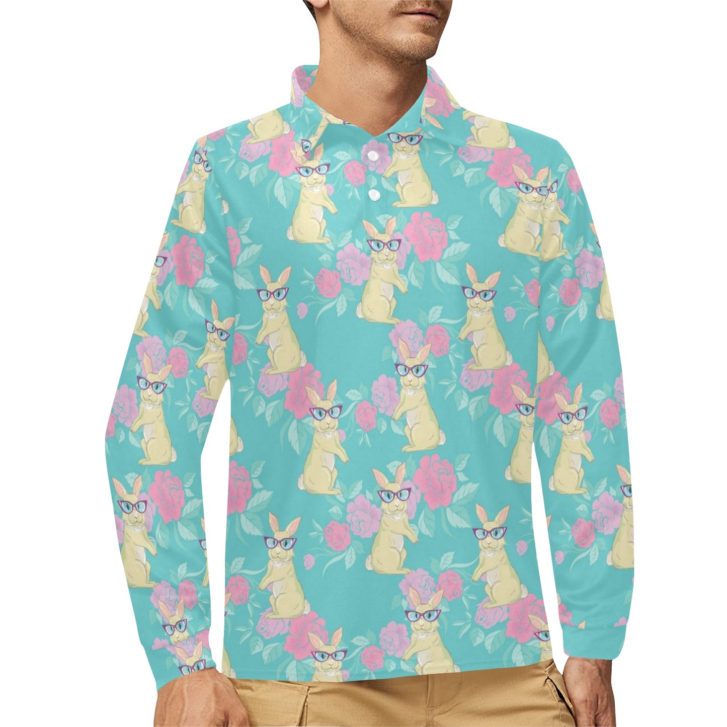 Rabbit Pattern Print Design RB05 Long Sleeve Polo Shirt For Men's